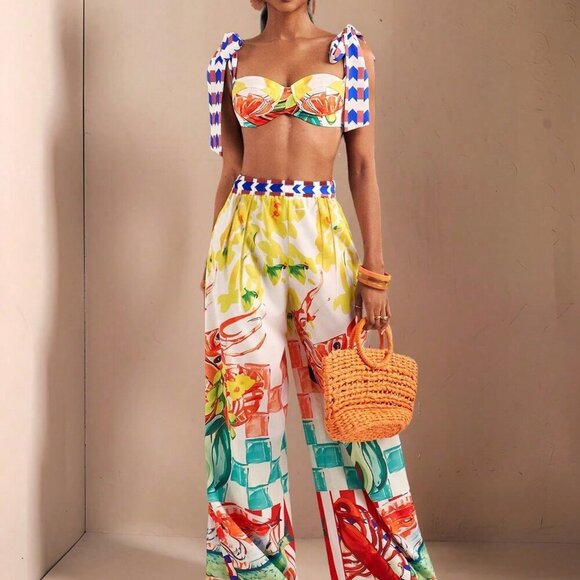 Boho Women's Beach Holiday Bowknot Shoulder Straps crop top and pants set - Picture 1 of 6
